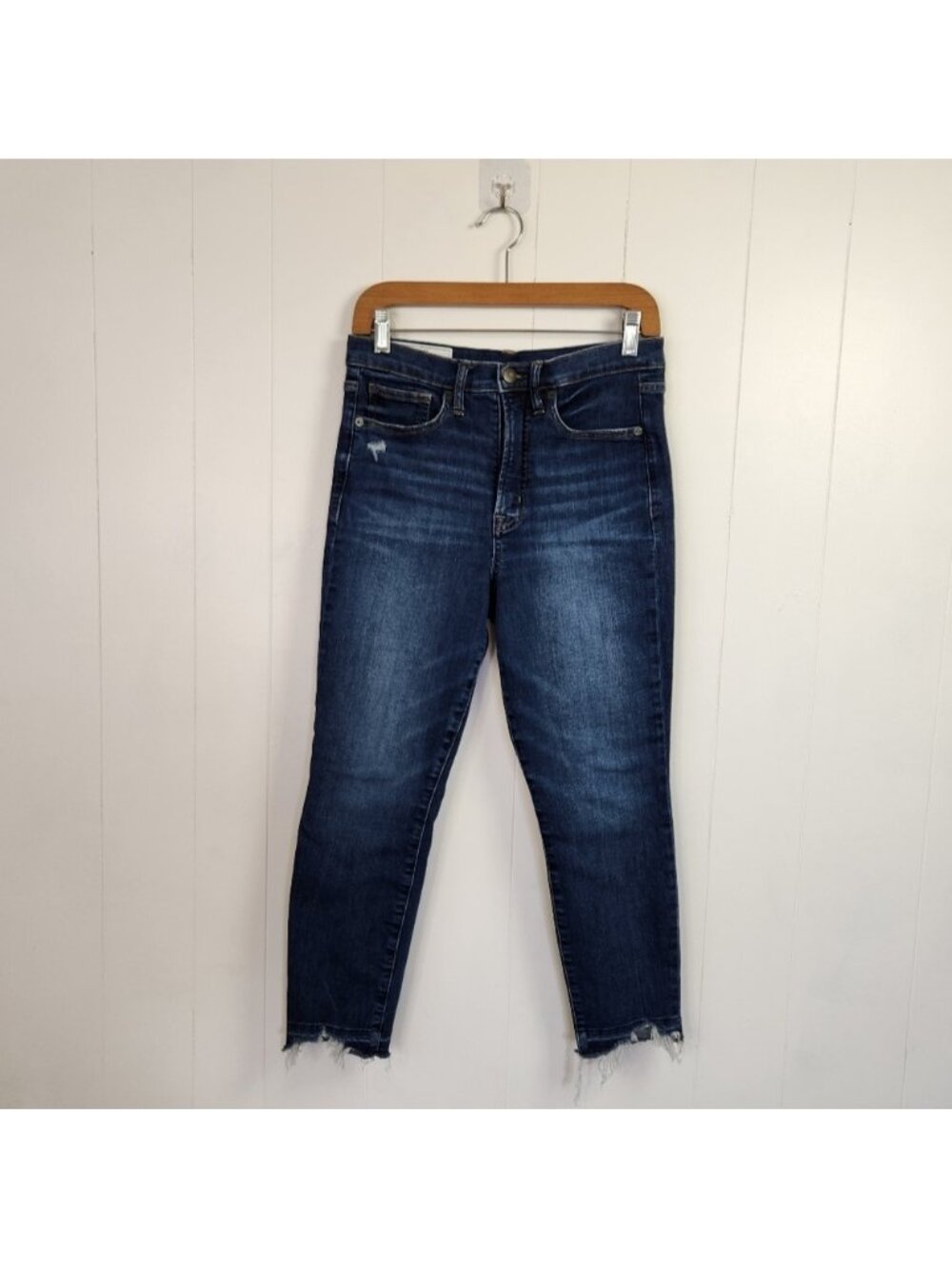 Gap True Skinny Sky High Ankle Jeans Hi Rise Raw Hem Frayed Stretchy Dark Wash